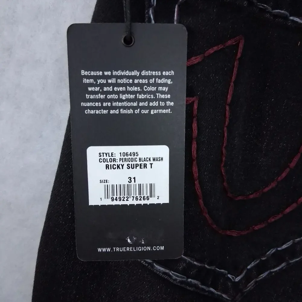 True Religion World Tour Ricky Relaxed Straight Jeans Black 31 NWT